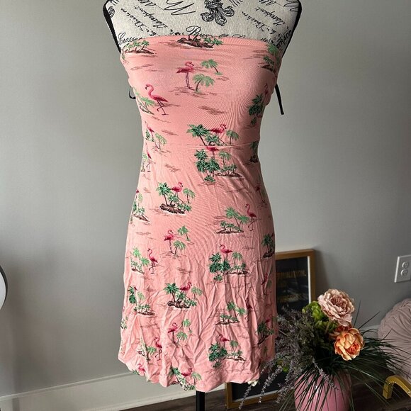 Forever 21 Pink Flamingo Strapless Dress - Tropical Palm Tree Print, Size Small - Picture 1 of 3